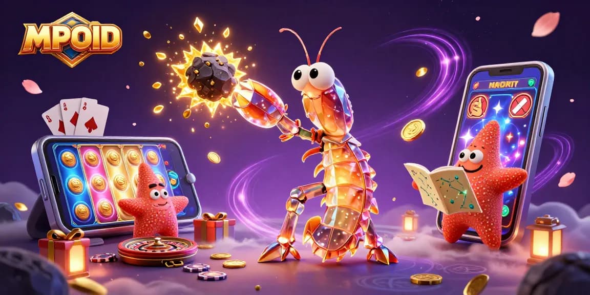 Experience excitement with MPOID's thrilling casino scene featuring animated games and vibrant characters.