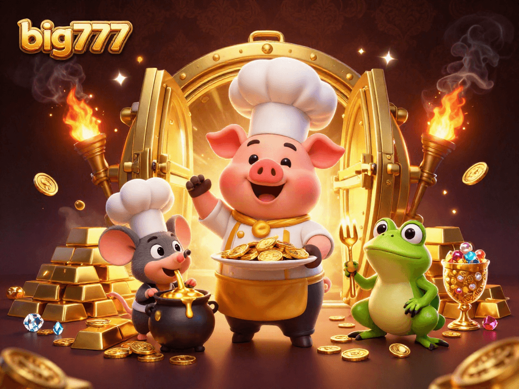 Permainan big777 yang menampilkan karakter koki babi dan elemen kasino yang kaya akan emas.