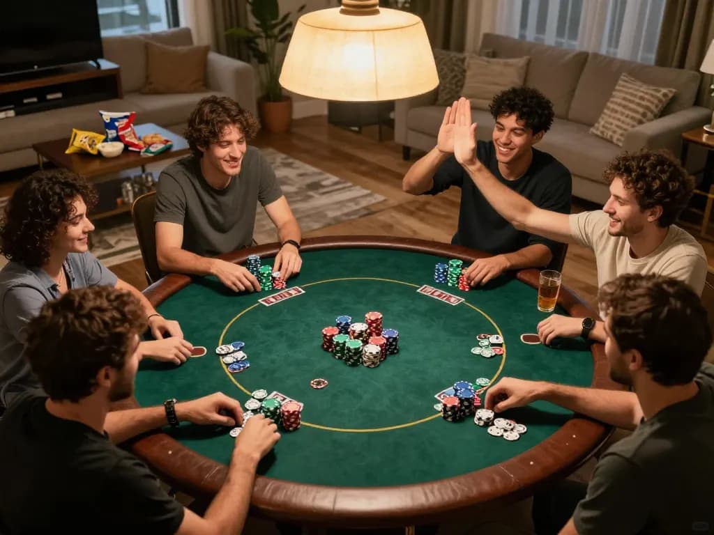 Friends enjoying a lively poker game at home, featuring VA88 strategy elements in a cozy atmosphere.