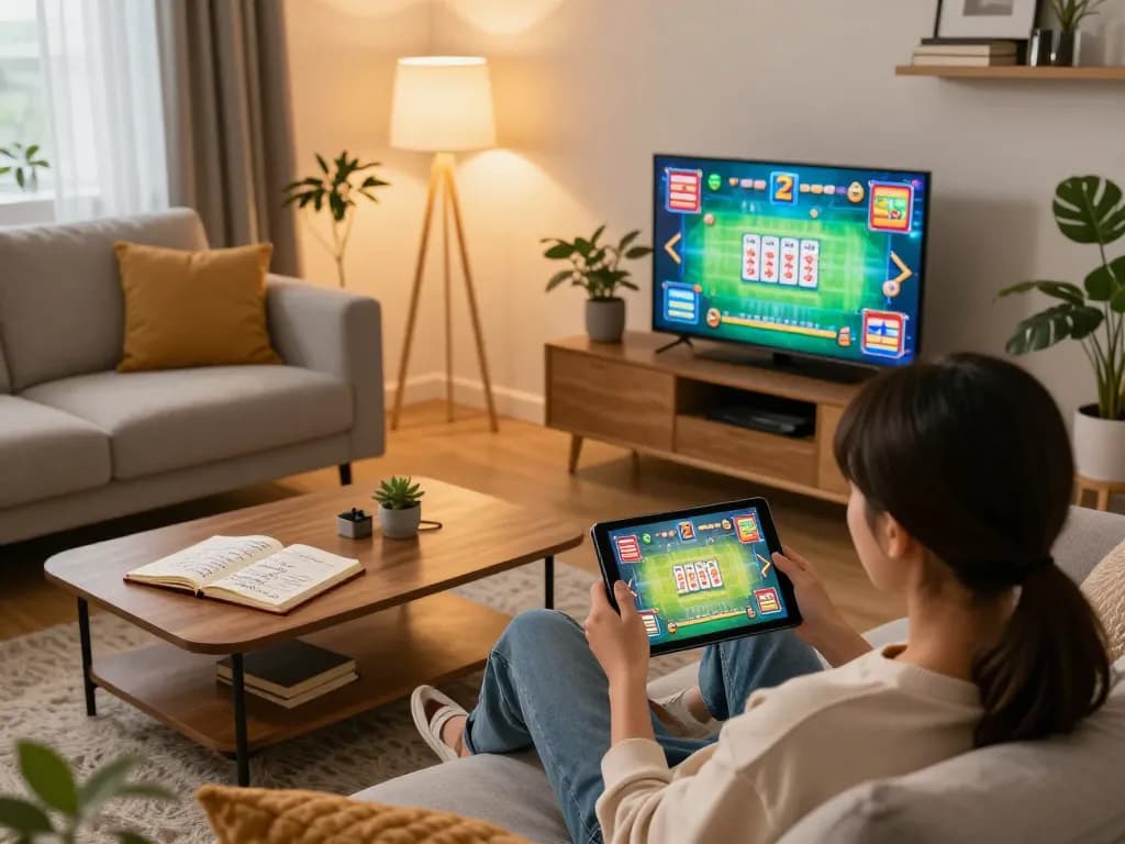 Permainan menarik ritme spin mahjong ways 2 di tablet, dengan catatan dan suasana hangat di rumah terlihat.