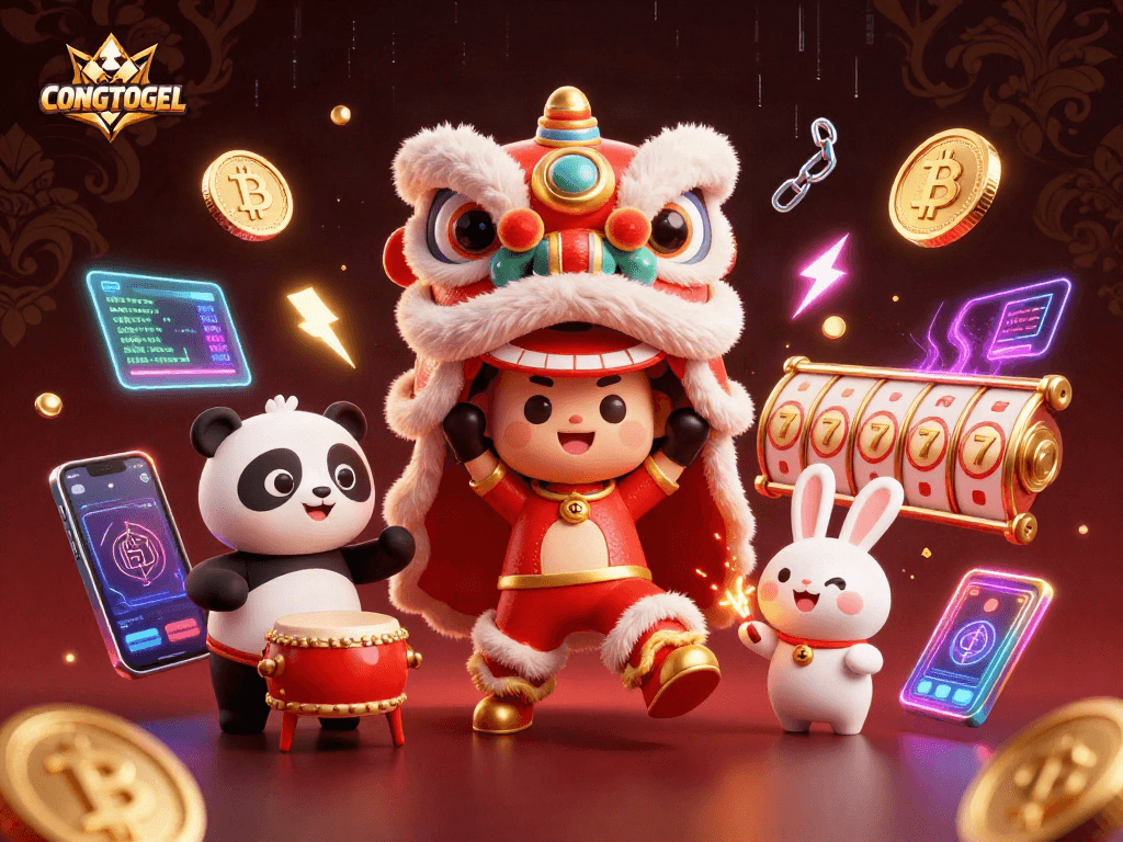 Engage in exciting wins at CONGTOGEL with lively characters and vibrant crypto-themed elements in a casino scene.