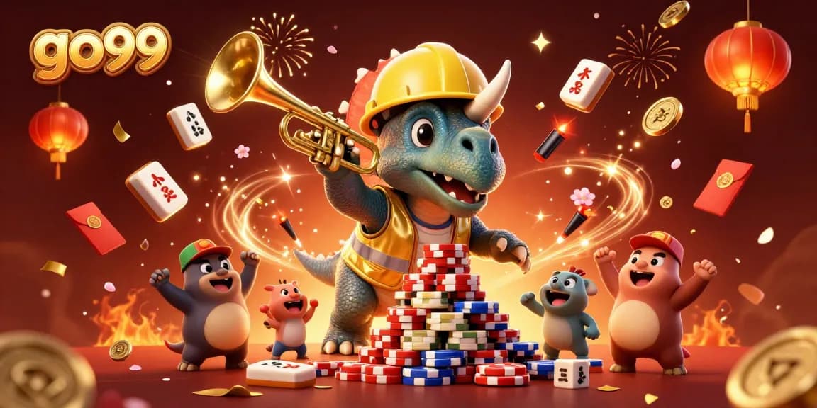 Experience thrilling gaming at go99 with a celebratory illustration of poker chips and fun characters.