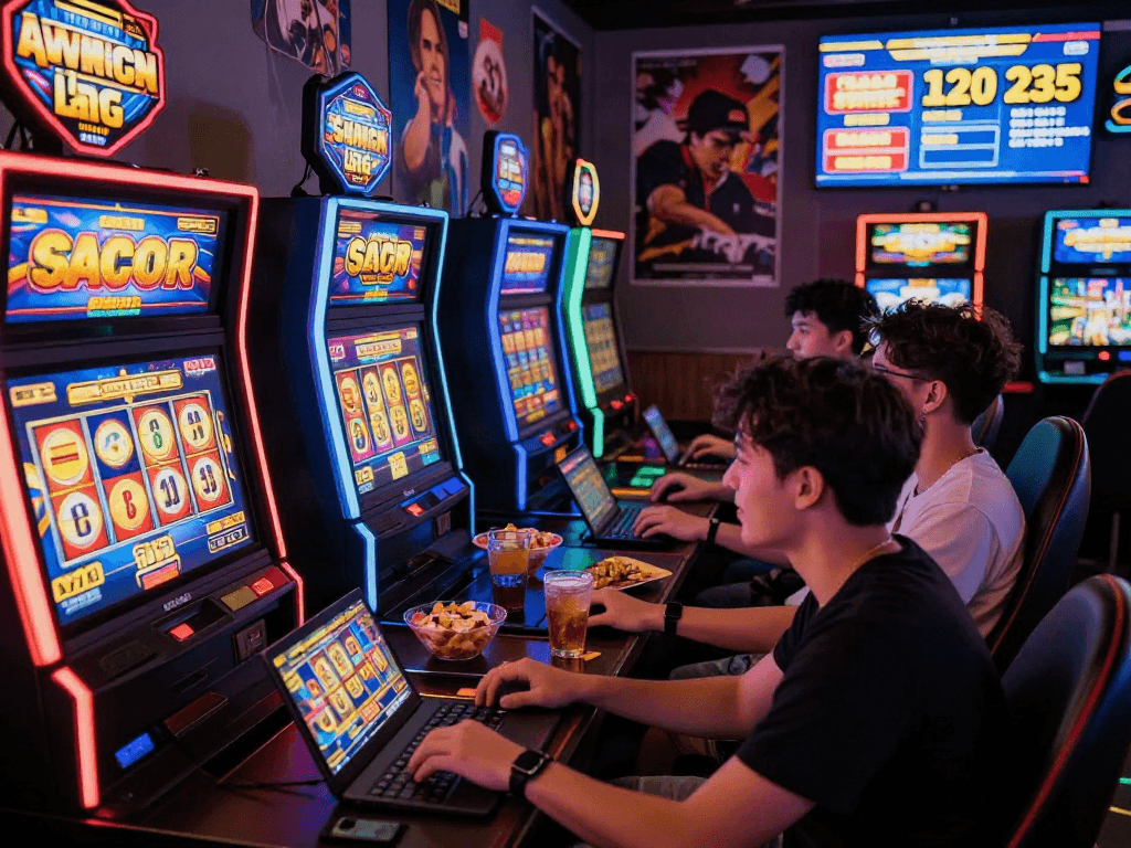 Pengalaman bermain slot gacor yang mendebarkan di lounge gaming dengan teman-teman, suasana ceria dan penuh semangat.