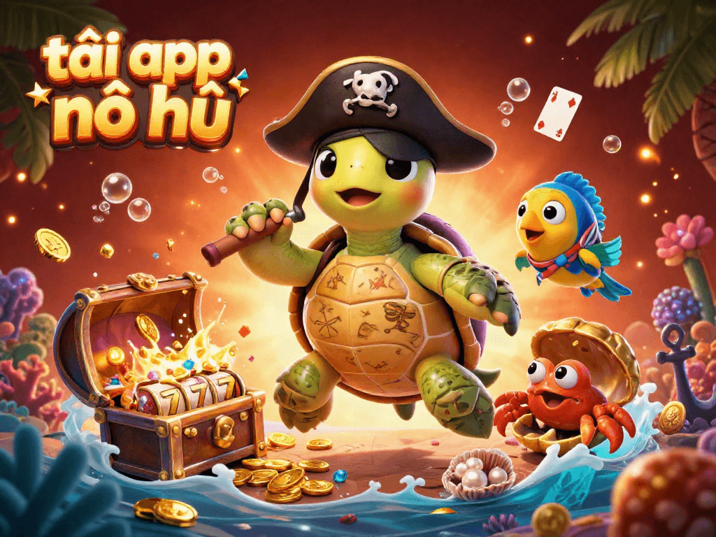 Tải app nổ hũ with a cartoon turtle and crab amidst colorful treasure in a vibrant casino underwater scene.
