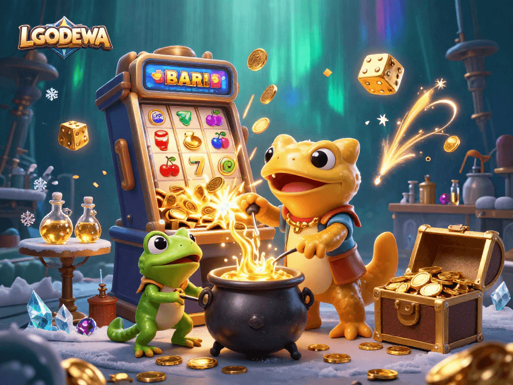 Experience the vibrant LGODEWA casino with golden coins, 3D characters, and exciting game elements