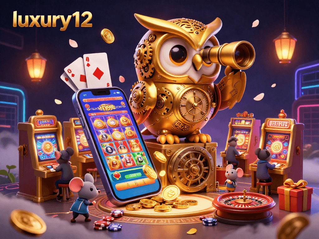 Experience luxury12's vibrant casino floor with a golden owl and exciting slot action.