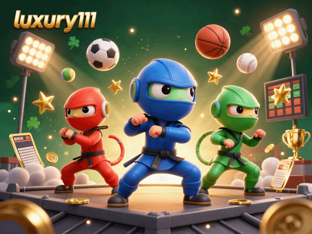 Experience the thrill of luxury111 with a dynamic casino-themed illustration showcasing a ninja chameleon team and sports betting elements.