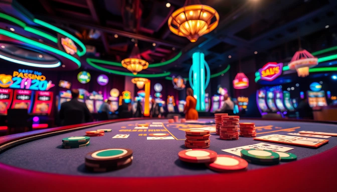 Permainan bbtn4d yang menarik dengan meja kasino penuh warna dan cahaya cerah.