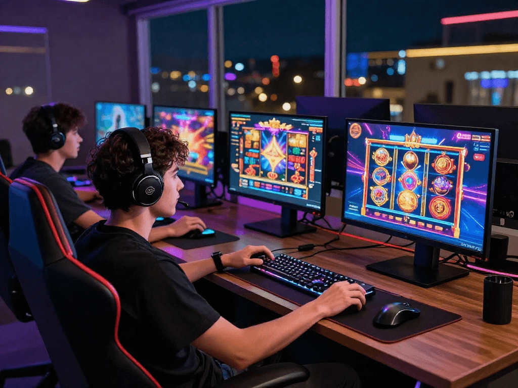 Exciting slot online gaming setup with colorful screens and accessories.