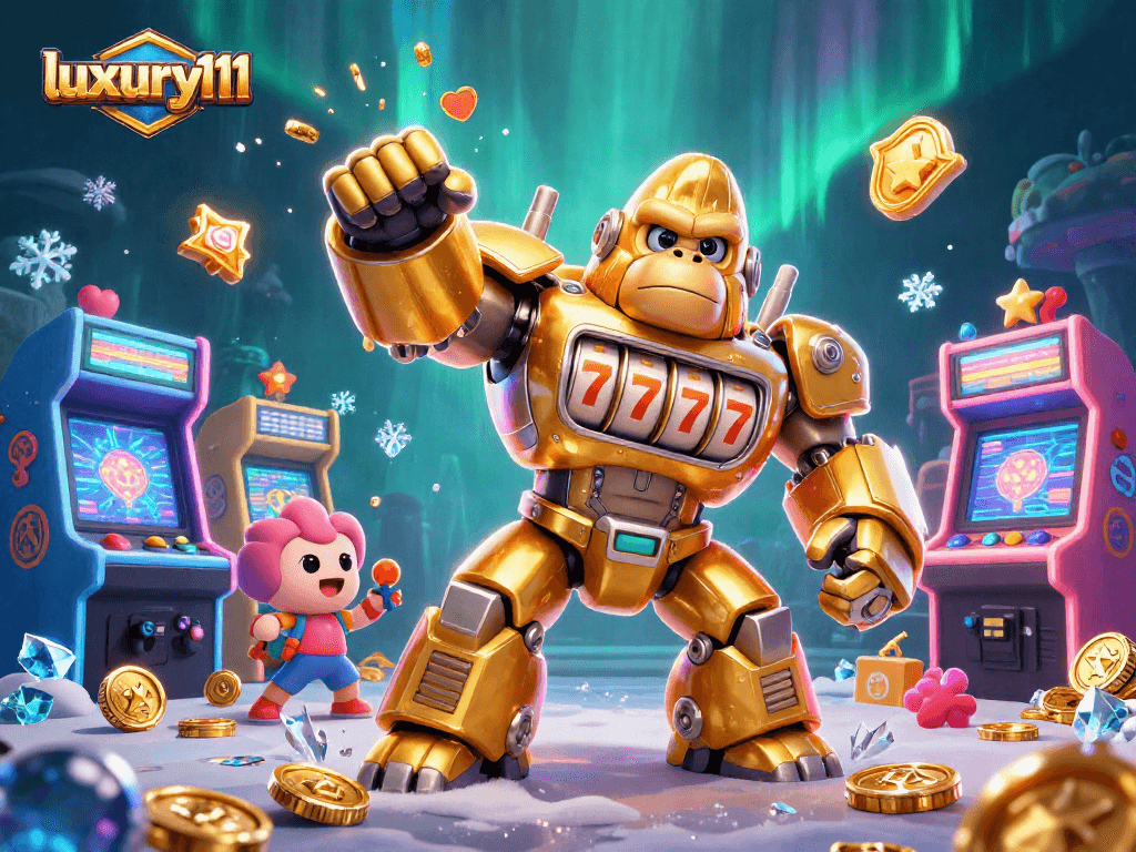 Experience luxury111 gaming with a transformer-style gorilla mech amidst vibrant retro elements and dynamic visuals.