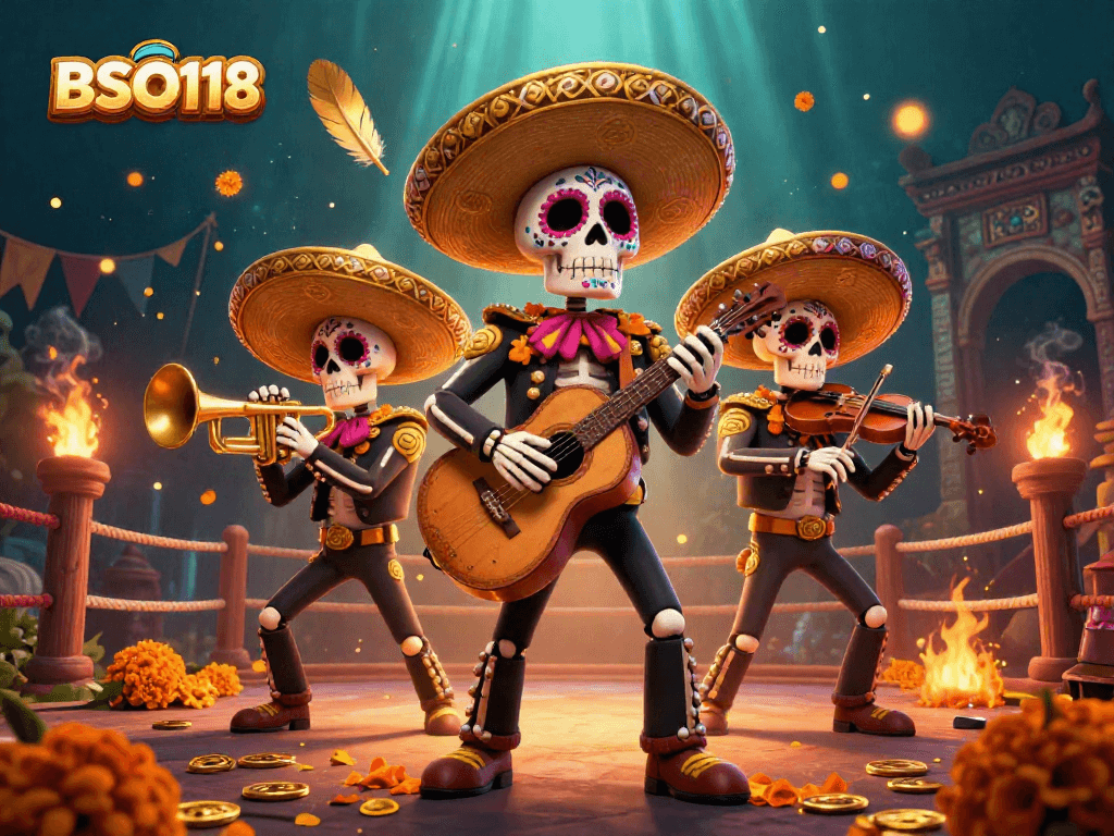 Engage with BSO118 in this vibrant 3D mariachi-themed casino illustration showcasing dynamic gambling elements.