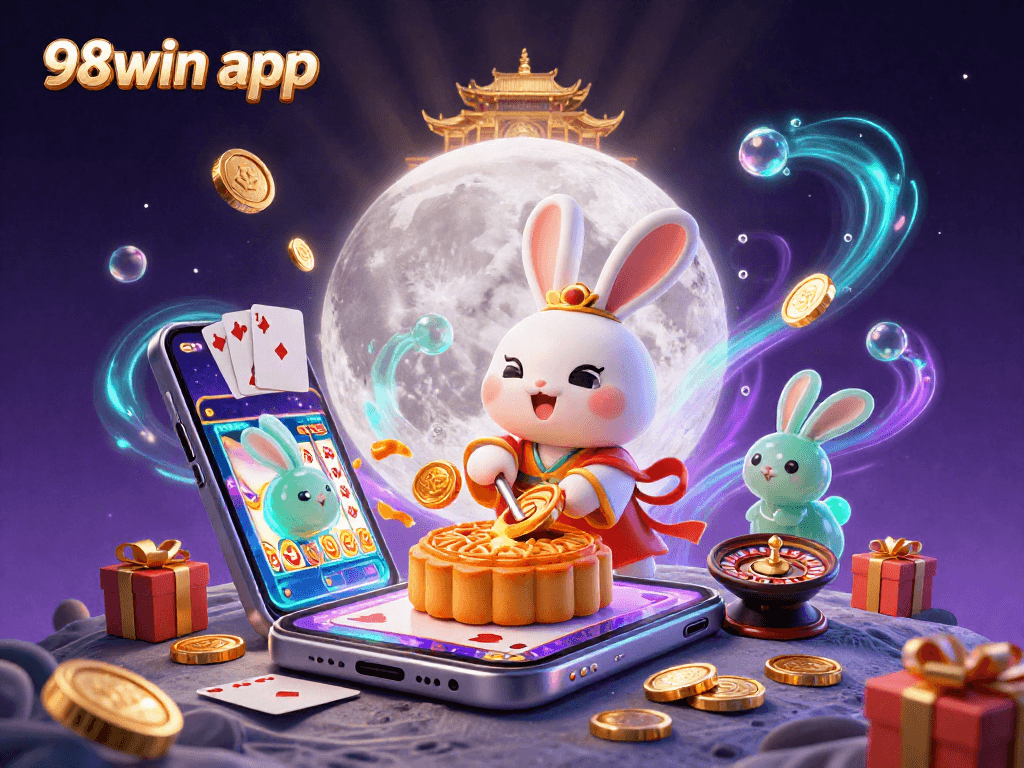 Experience the excitement of the 98win app with vibrant casino-themed elements and captivating characters.