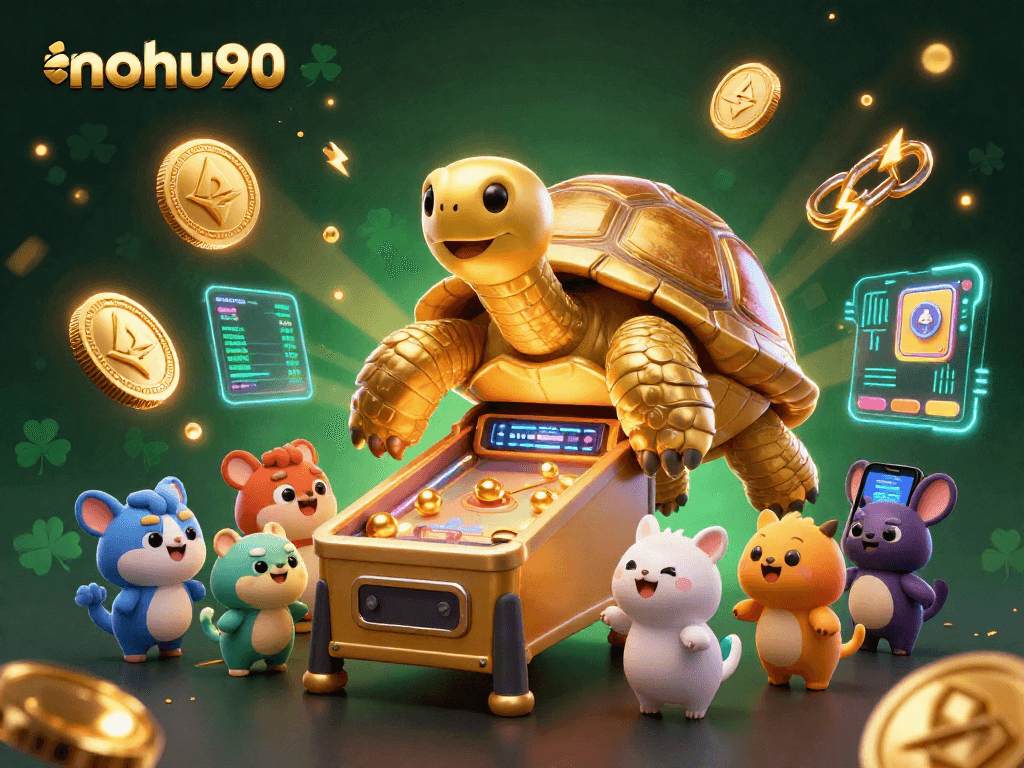 Nohu90 showcases an exciting casino scene with a 3D tortoise pinball machine, enticing players to win.