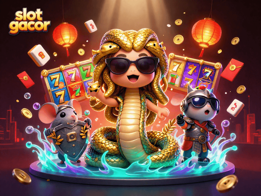 Permainan slot gacor dengan Medusa dan mouse pejuang dikelilingi elemen dekoratif