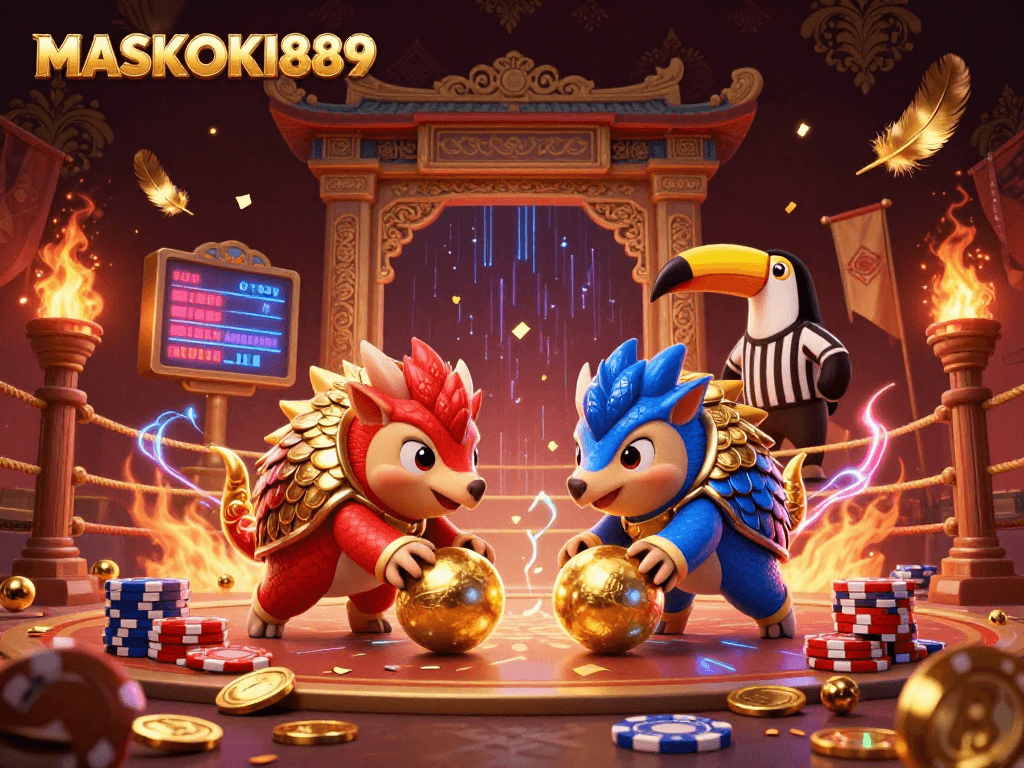 Engage in excitement with MASKOKI889 as rival pangolins roll into golden balls in a vibrant casino scene.