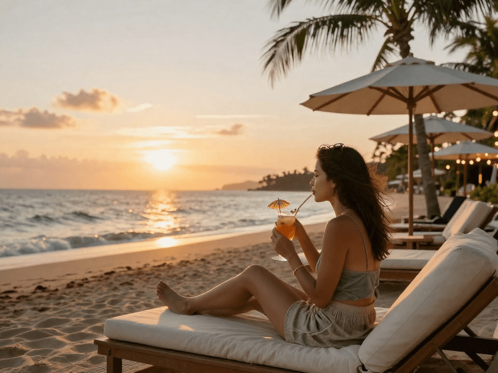 Pengalaman LUXURY 111 di resor mewah dengan pemandangan pantai saat matahari terbenam