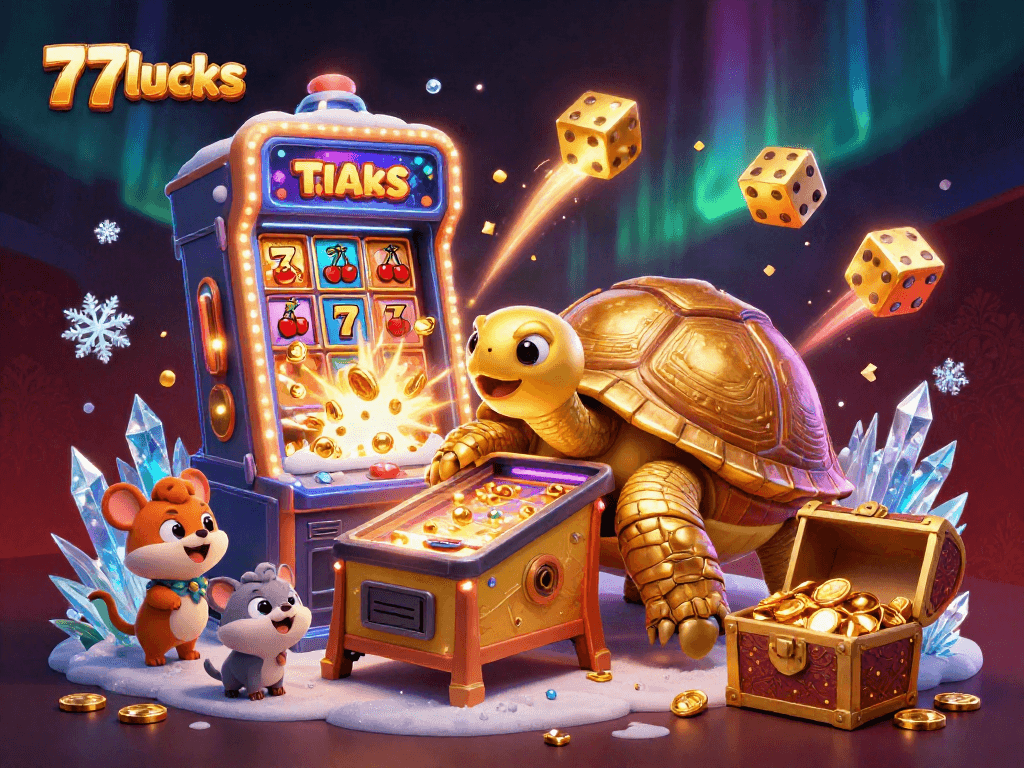 77lucks slot menunjukkan karakter dengan mesin pinball dan banyak emas berkilau, menciptakan suasana kasino yang menggembirakan