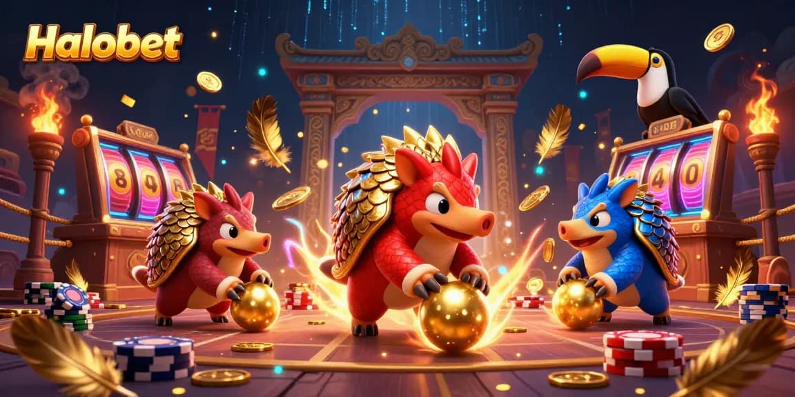Halobet pangolins bowl through poker chips in a vibrant casino scene.