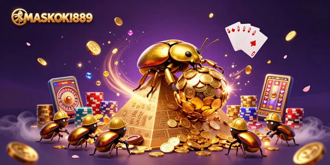 Experience the excitement of MASKOKI889 with golden beetles rolling a treasure ball amidst casino symbols.