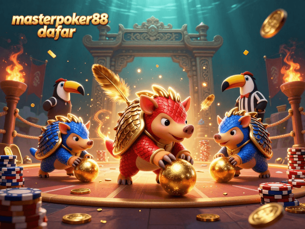 Menangkan permainan di masterpoker88 daftar dengan pangolin bertanding dan chip poker mengelilingi mereka.
