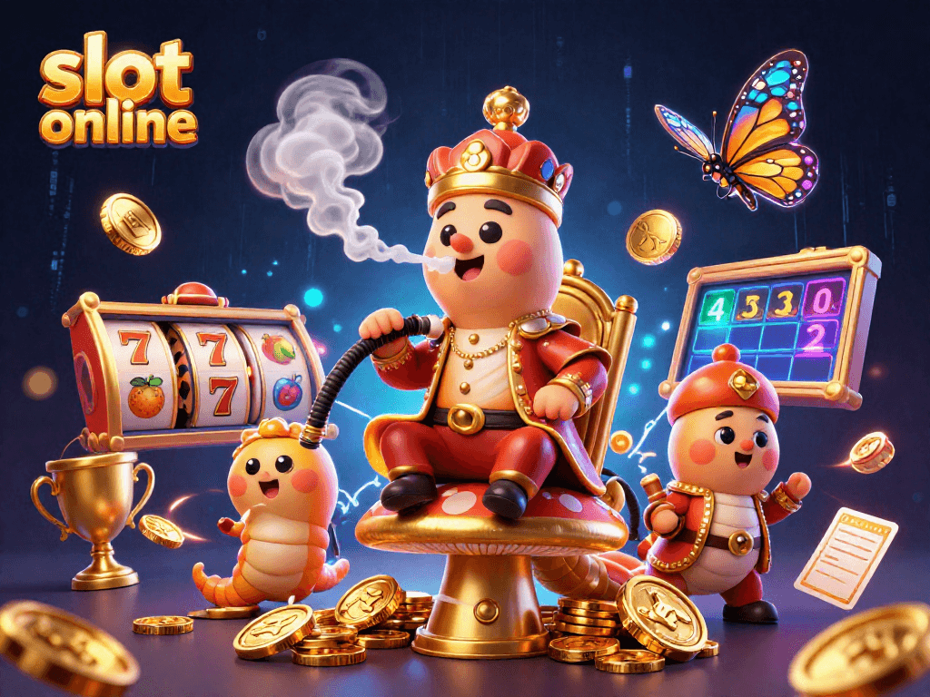 Menangkan slot online dengan keberuntungan, simbol mesin slot, dan koin emas yang bersinar.