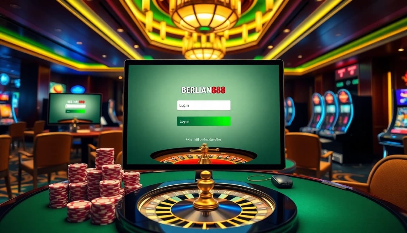 Experience the engaging BERLIAN888 login interface amidst a luxurious casino environment.