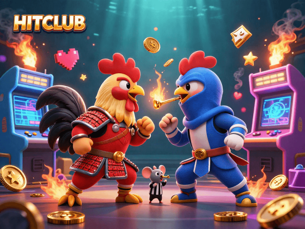 Engage in the HITCLUB gaming showdown featuring 3D cartoon fighting roosters and vibrant arcade elements.