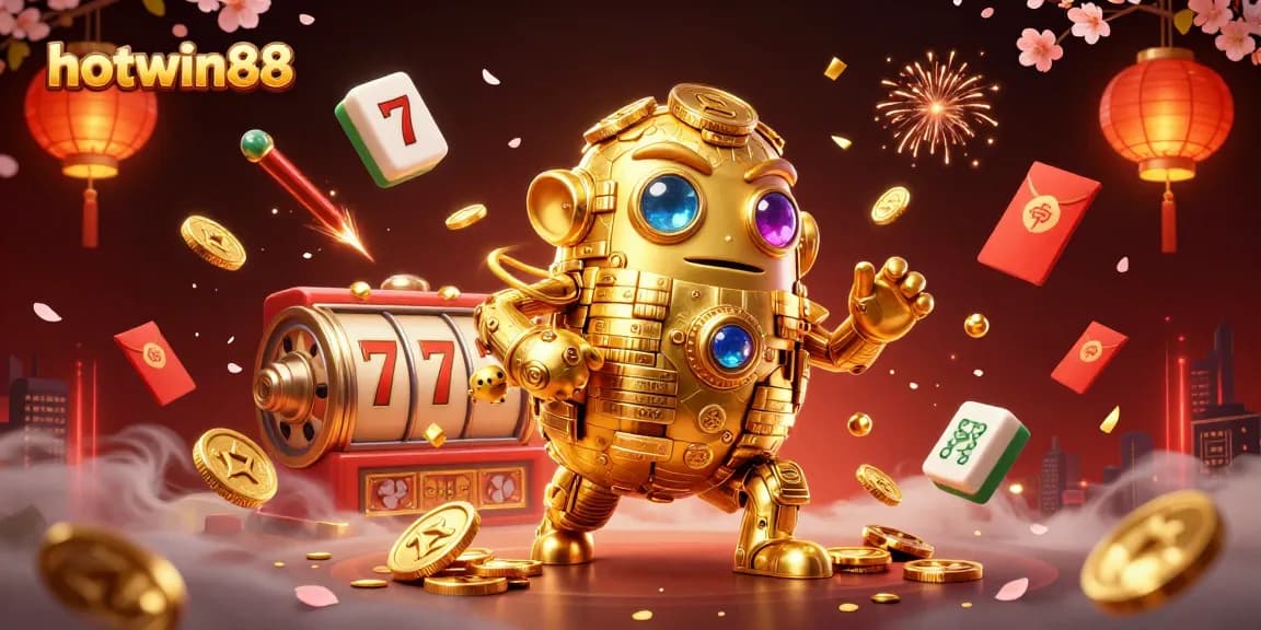 Engage with exciting gameplay at hotwin88, featuring a dynamic casino scene with a golden golem and vibrant slot elements.