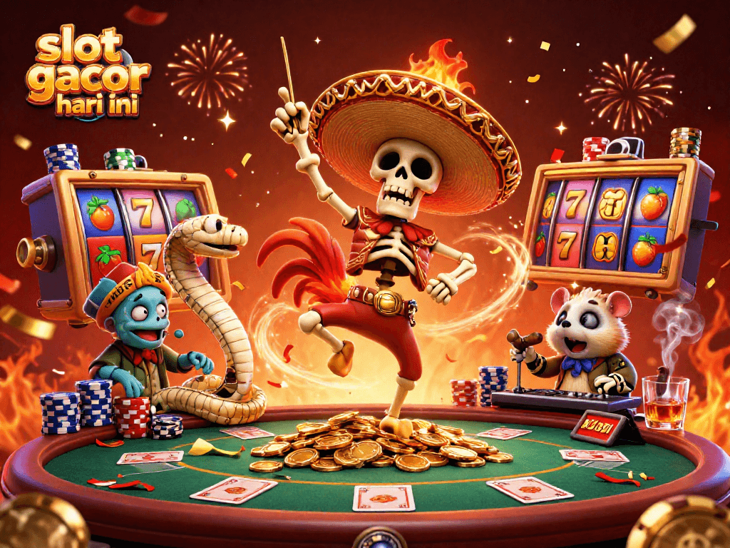 Gambarkan slot gacor hari ini dengan karakter yang meriah dan elemen kasino penuh warna.