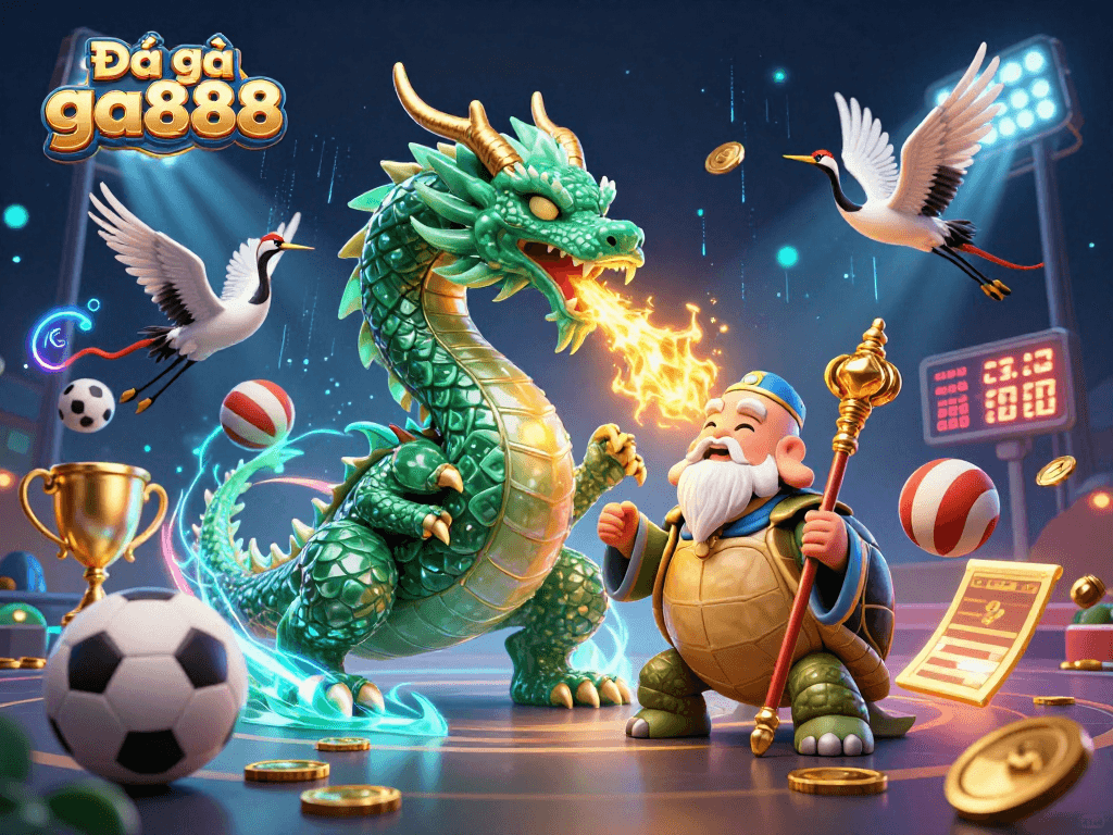 Engage in thrilling Đá gà ga888 battles with a dynamic scene of a jade dragon and turtle sage in action.