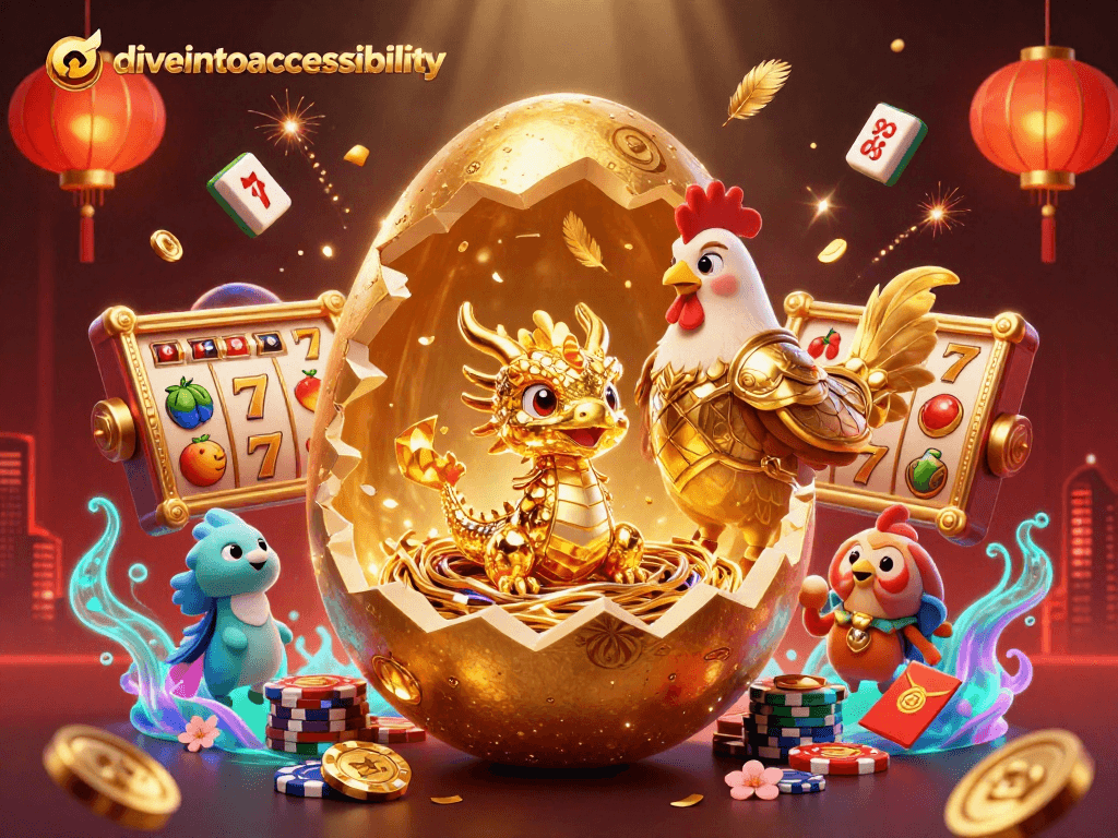 Diveintoaccessibility showcases a baby dragon and golden hen amid slot reels and festive elements, alluding to gambling excitement.