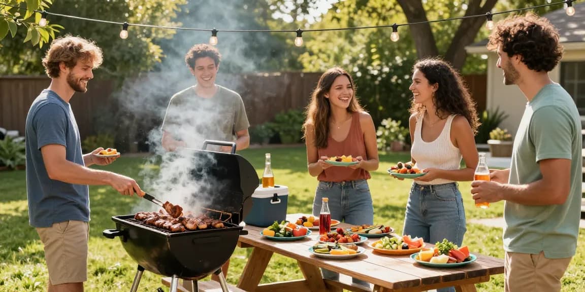 Suasana BBQ outdoor di halaman belakang dengan teman-teman menikmati BOS88, makanan lezat dan suasana menyenangkan.