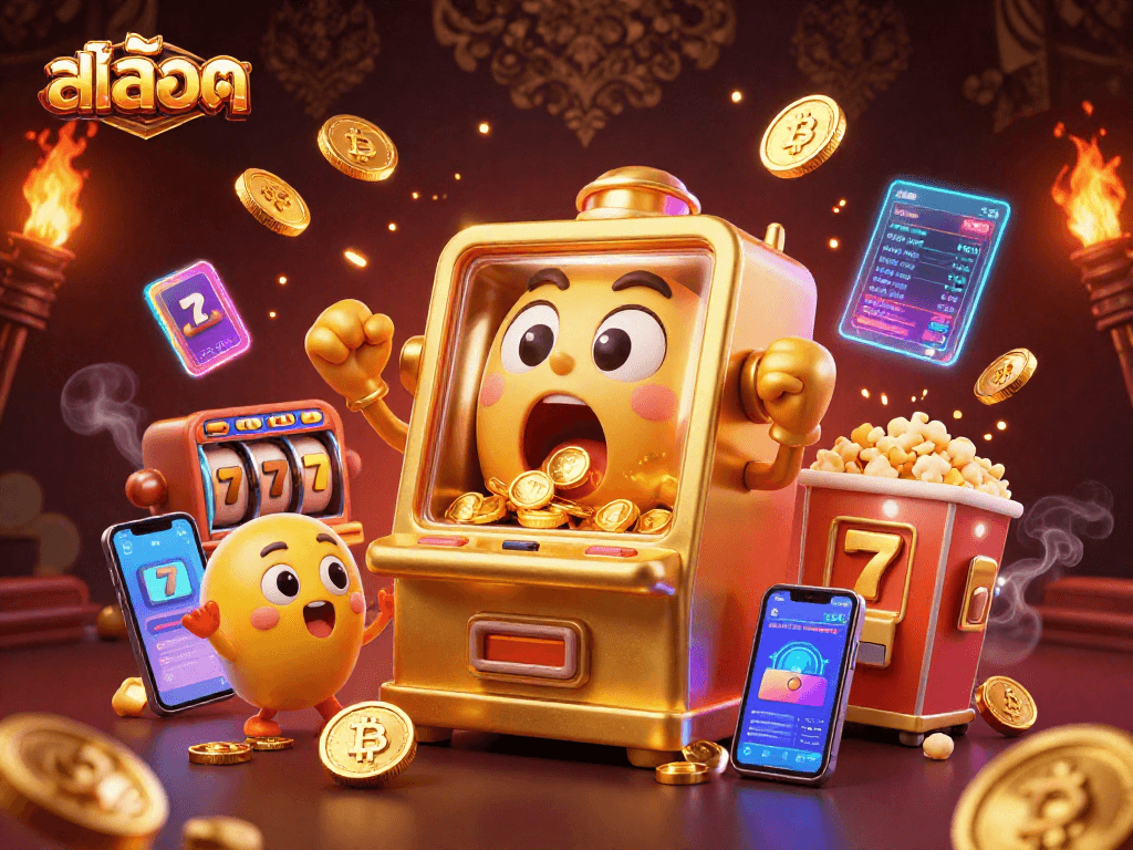 Spin the สล็อต jackpot with a fun 3D golden slot machine celebrating wins, showcasing vibrant casino elements.