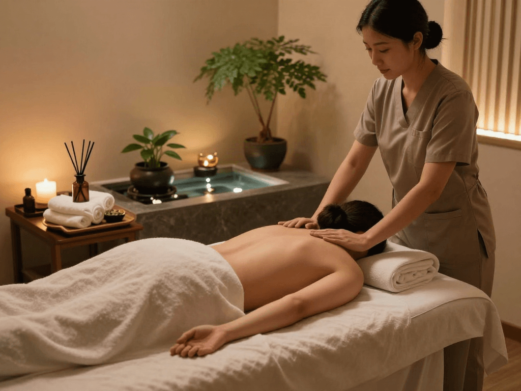 Client receiving 일산출장마사지 in a calming spa environment with aromatic oils and soft lighting.