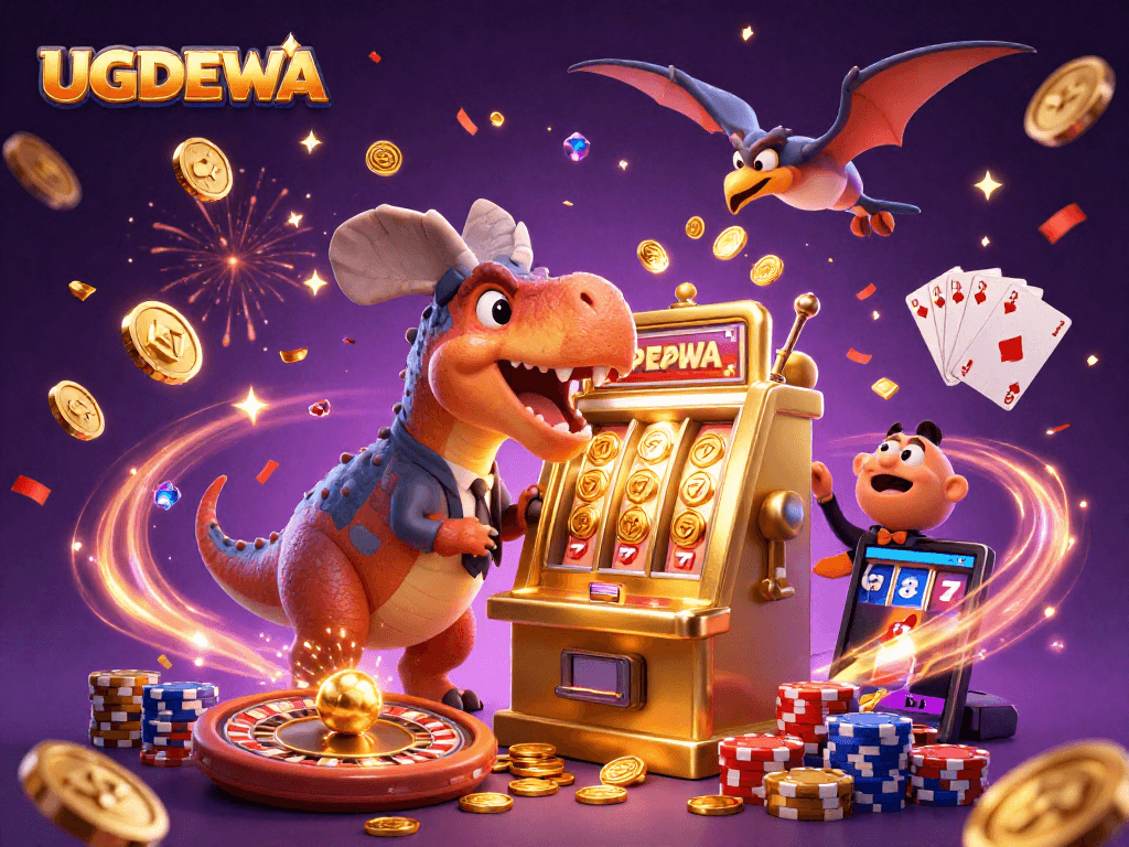 Experience UGDEWA's exciting jackpot with a thrilling scene of dinosaurs in a casino.