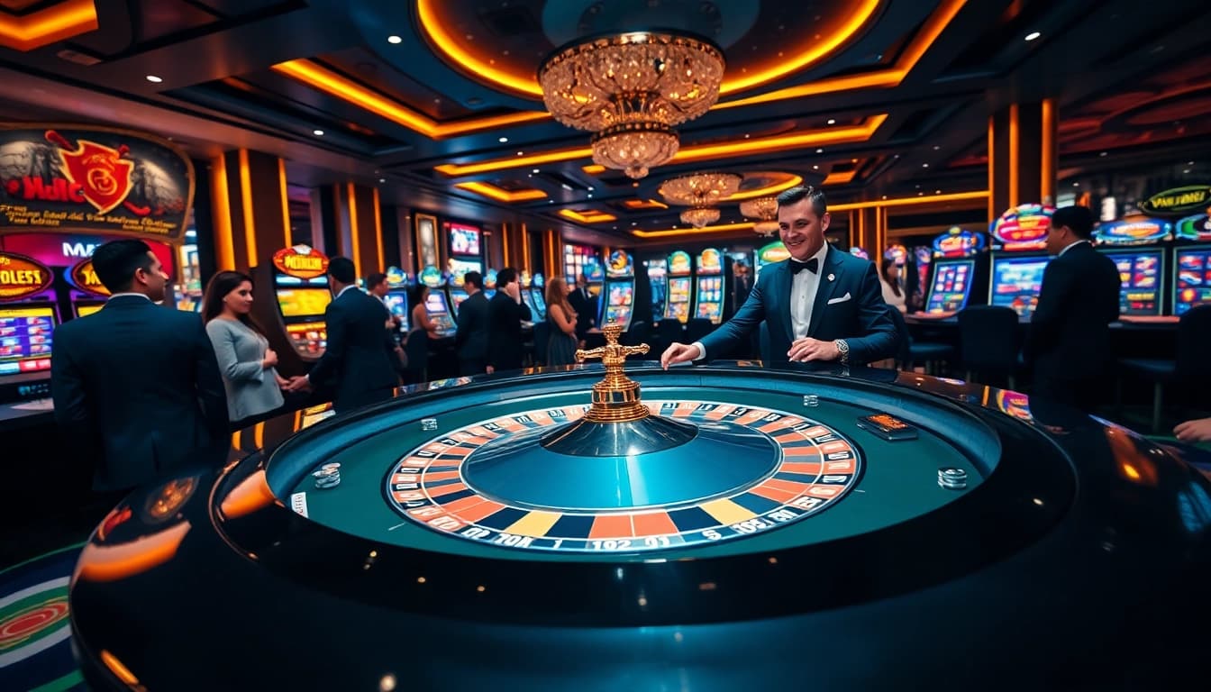 Players engaging around a roulette table at MM88 PRESS casino, highlighting excitement and responsible gambling.