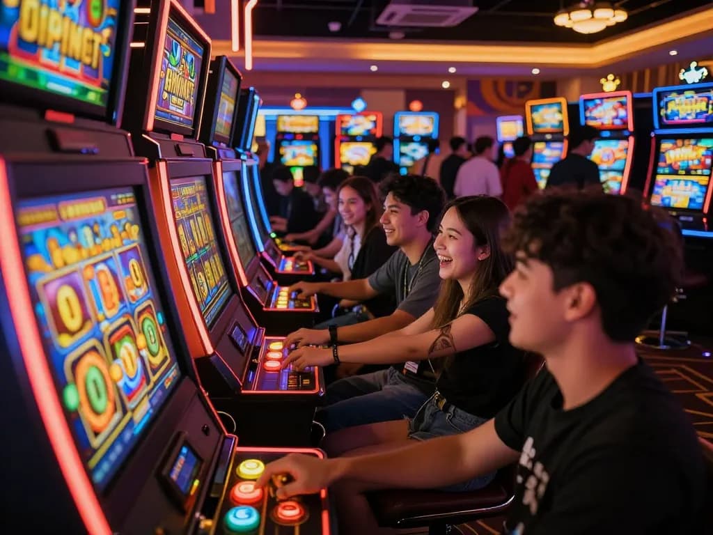 Players celebrating big wins on slot gacor machines amidst a vibrant casino atmosphere.