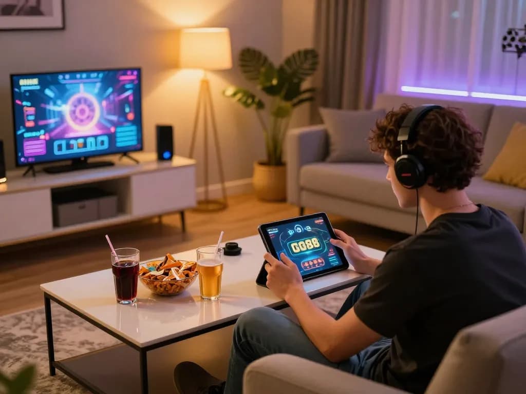 TẢI GO88 on a tablet, enjoying mobile gaming in a cozy living room setup