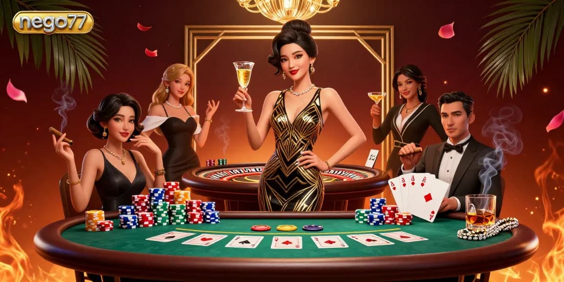 Nego77 showcases an elegant Asian woman at a glamorous casino, expertly holding a champagne glass amidst poker chips and cards.