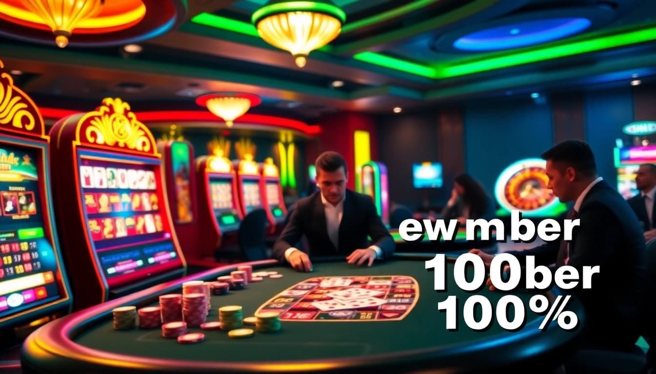 Engaging gamblers enjoying slot machines with slot bonus new member 100% promotions and vibrant casino atmosphere.