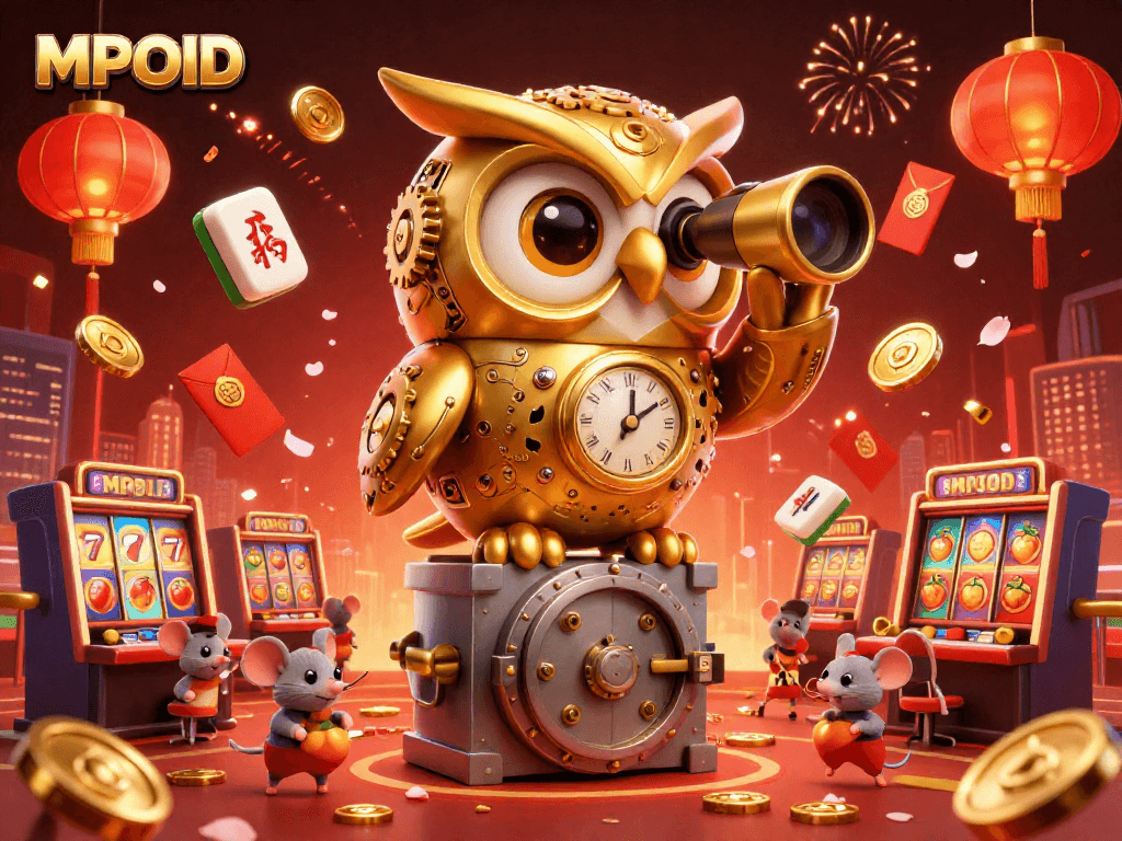 MPOID showcases a vibrant casino scene with a golden owl, slot machines, and festive decorations.