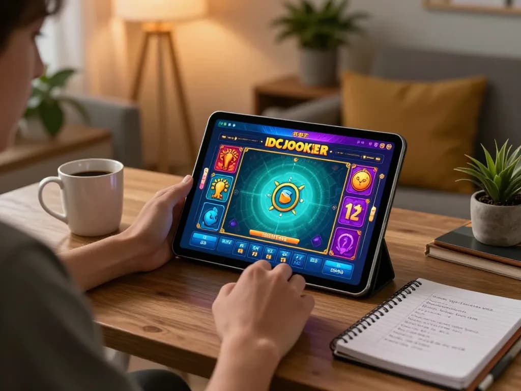 Engaging in Slot IDCJOKER game strategies at home using a tablet for optimal online gambling experience.