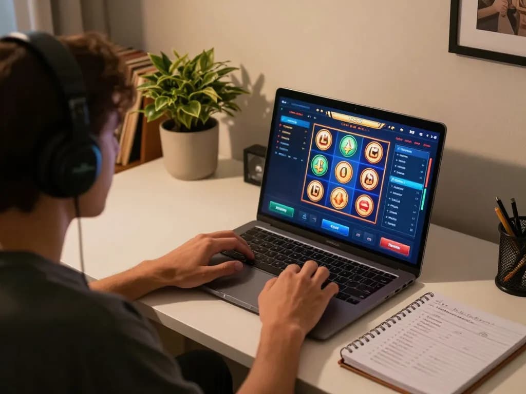 Engaging player enjoying a Slot Demo on laptop, showcasing a strategic home gaming setup.