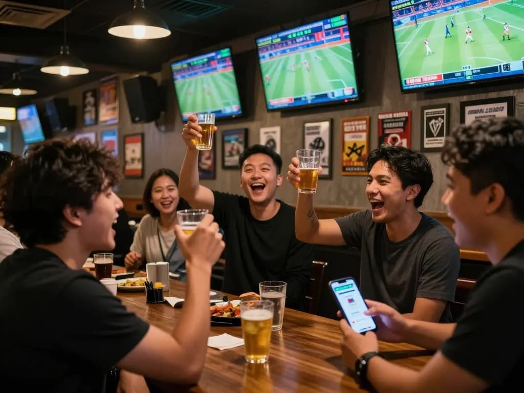 M88 mansion Indo suasana taruhan olahraga dengan teman-teman bersorak di bar yang meriah