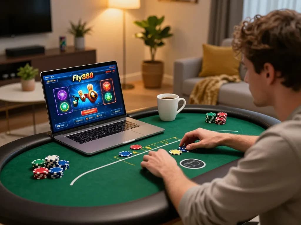 A player engaging with the fly888 online poker game from a cozy home setup, showcasing strategic gameplay.