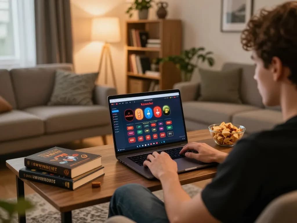 Kenzobet player actively engaging in online slots from a cozy home setup with snacks and strategy notes.