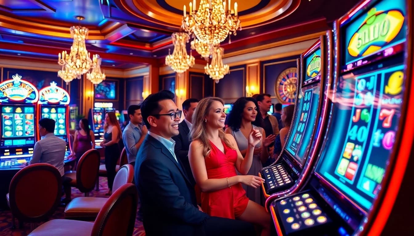 Exciting Onicplay login scene with diverse gamblers engaging in slot gameplay at a luxurious casino setting.