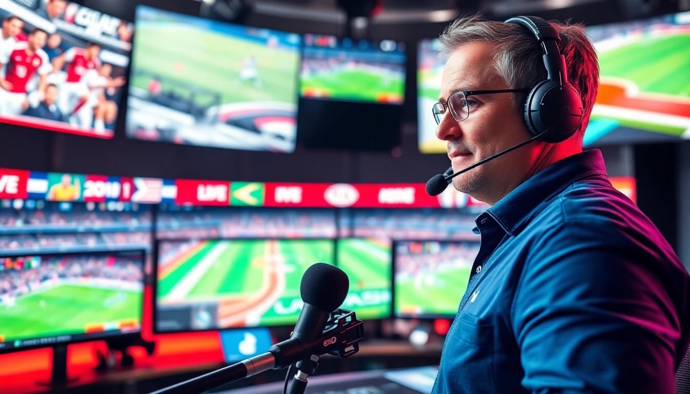 Engaging scene of Sports Broadcasting in a dynamic studio with vibrant sports graphics.