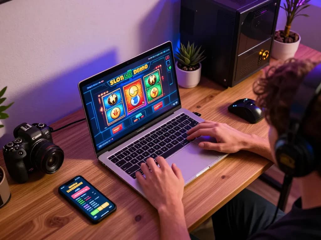 Playing a Slot Demo on a laptop in a cozy home setting with vibrant graphics and accessories.