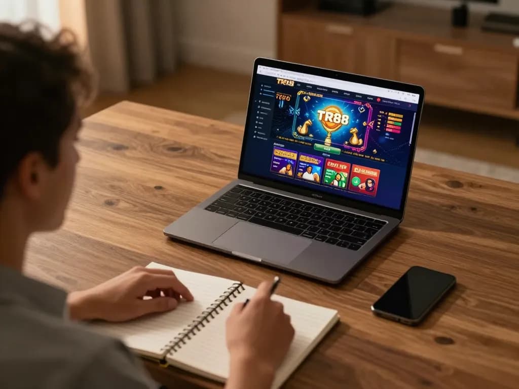 Engaging in online casino strategy with TR88 interface visible on laptop screen